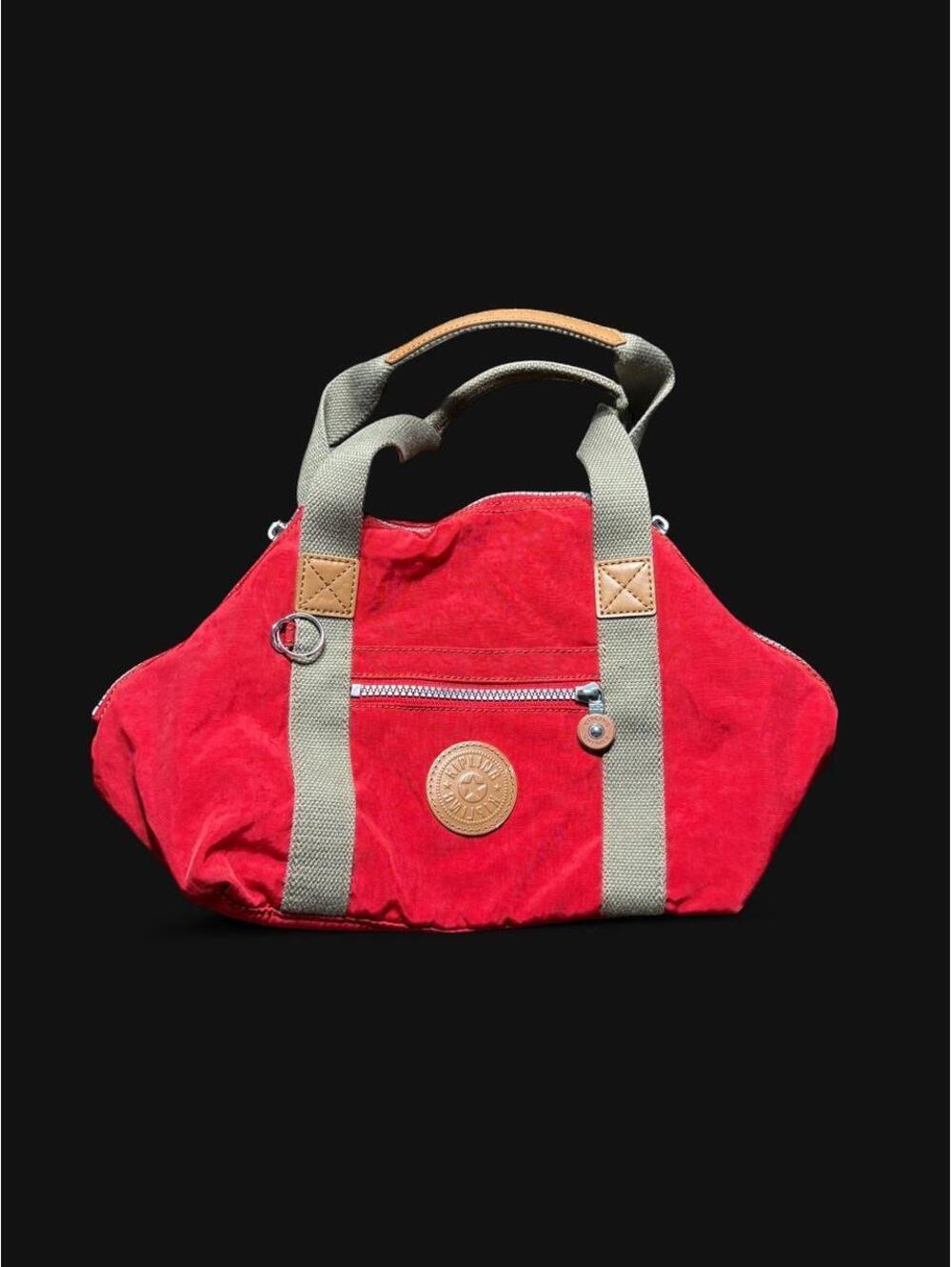 Y2K indie casual Kipling red nylon mini duffle shoulder bag with tan straps